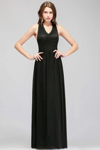 V-neck Floor Length Sleeveless Lace Top Black Bridesmaid Dress
