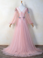 V-neck Embroidery Sequin Floor Length Tulle Prom Dress