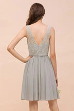 V-Neck Floral Lace Mini Homecoking Dress Grey Simple Chiffon Bridesmaid Dress Party Dress