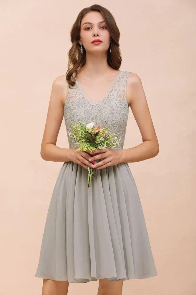 V-Neck Floral Lace Mini Homecoking Dress Grey Simple Chiffon Bridesmaid Dress Party Dress