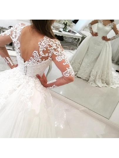 V-Neck Long Sleeves Appliques Watteau Train Wedding Dress