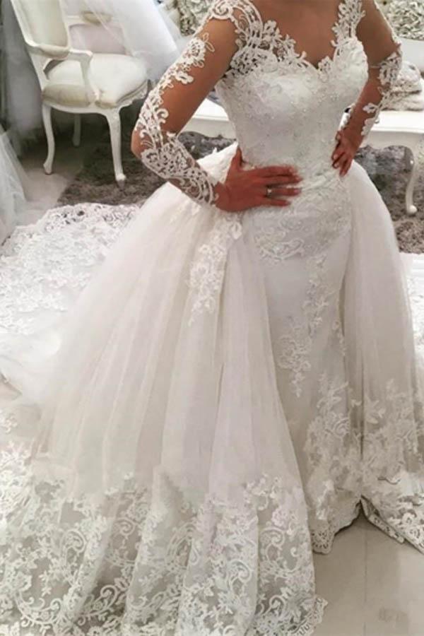 V-Neck Long Sleeves Appliques Watteau Train Wedding Dress