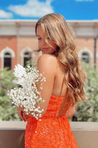 V-neck Orange Spaghetti Straps Sleeveless Homecoming Dresses With Lace