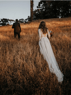 V-Neck Polka Dot Lace Open Back Long Sleeve  Boho Bridal Gown