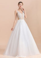 V-Neck See-through Lace Aline Wedding Dress Floor length Princess Bridal Gown