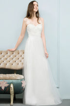 V-neck Sleeveless A-line Floor Length Lace Tulle Prom Dresses