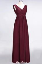 V-Neck Sleeveless Floor-Length Bridesmaid Dress Aline Ruffles Chiffon Party Gown
