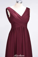 V-Neck Sleeveless Floor-Length Bridesmaid Dress Aline Ruffles Chiffon Party Gown