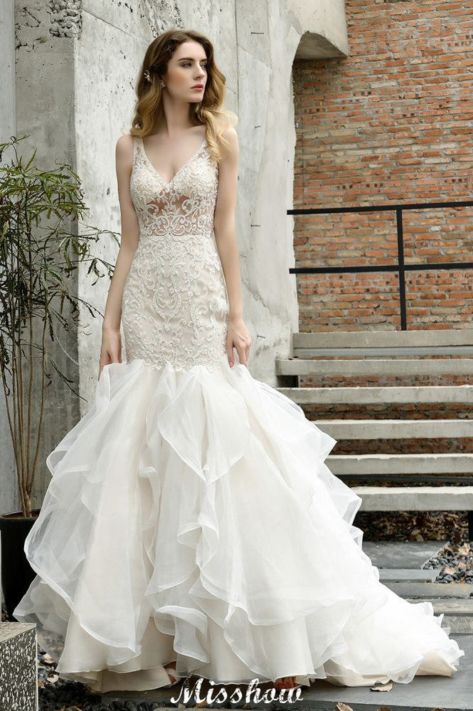 V-Neck Sleeveless Floral Lace Mermaid Bridal Gown Garden Puffy Tulle Slim Wedding Dress