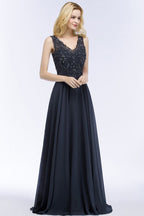 V-neck Sleeveless Long Appliqued Crystals Chiffon Prom Dresses