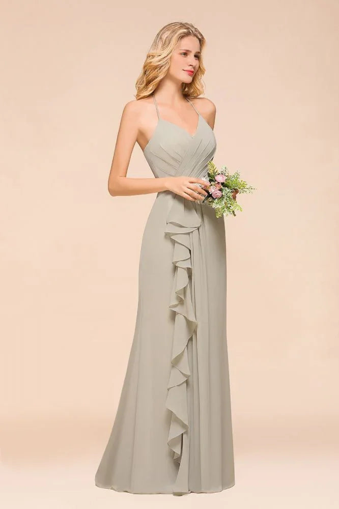 V-Neck Spaghetti Floor Length Folds Bridesmaid Dress