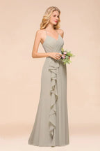 V-Neck Spaghetti Floor Length Folds Bridesmaid Dress