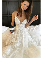 V Neck Spaghetti Straps Appliques Court Train Tulle Wedding Dress