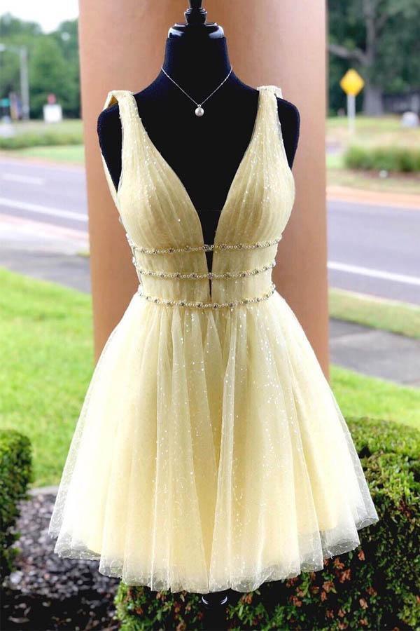 V-Neck Sparkling Beading Sky Blue Short Prom Dress Homecoming Dress