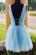 V-Neck Sparkling Beading Sky Blue Short Prom Dress Homecoming Dress