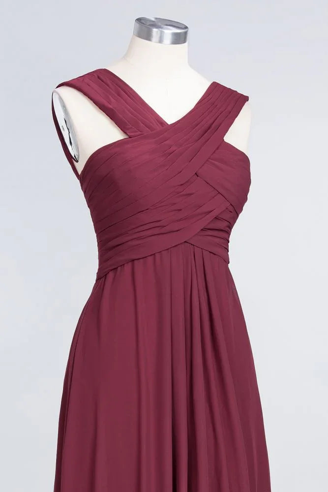 V-Neck Straps Sleeveless Floor-Length Bridesmaid Dress with Ruffles