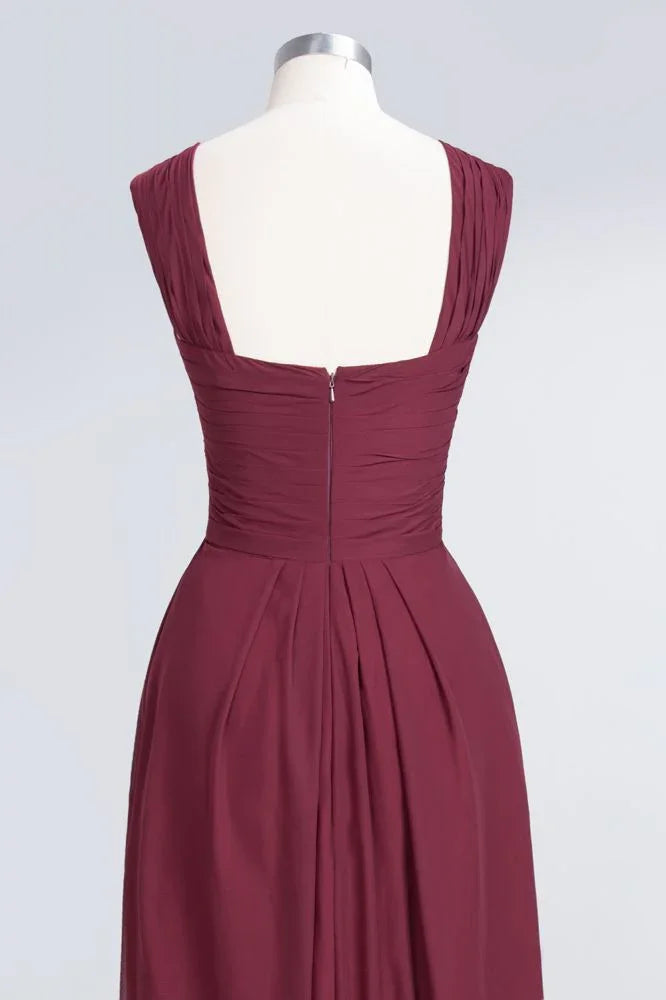 V-Neck Straps Sleeveless Floor-Length Bridesmaid Dress with Ruffles
