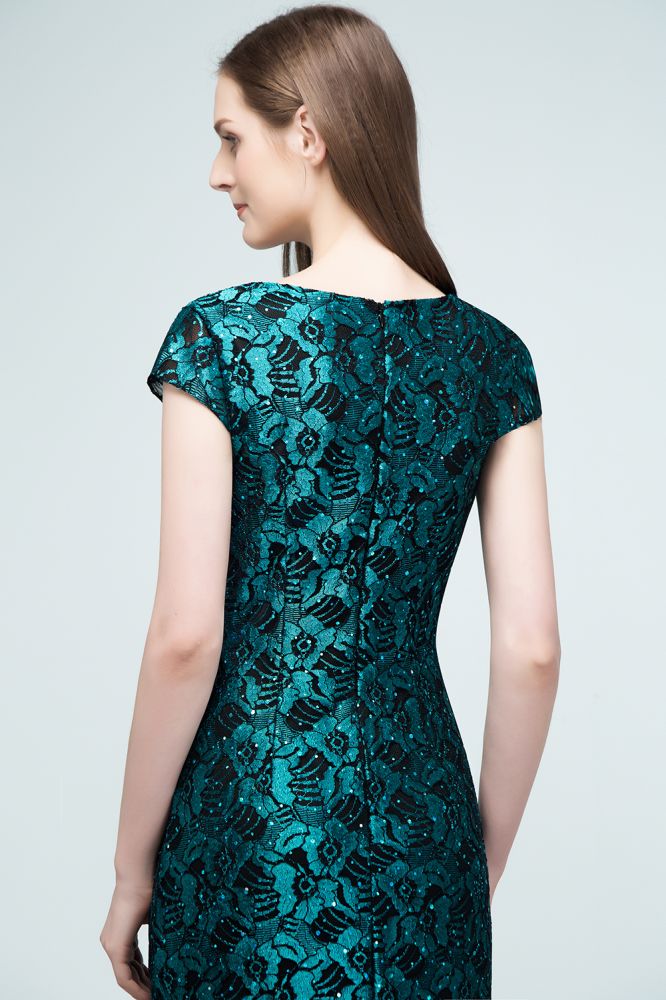 V-neck Tea Length Mermaid Lace Appliqued Prom Dresses