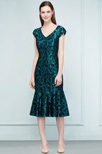 V-neck Tea Length Mermaid Lace Appliqued Prom Dresses