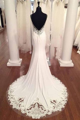 V-Neck Vintage Lace Mermaid Backless  Beach Wedding Dress