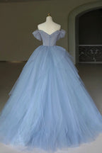Tulle Floor Length Prom Dress, Off the Shoulder Evening Dress with 3D Flowers