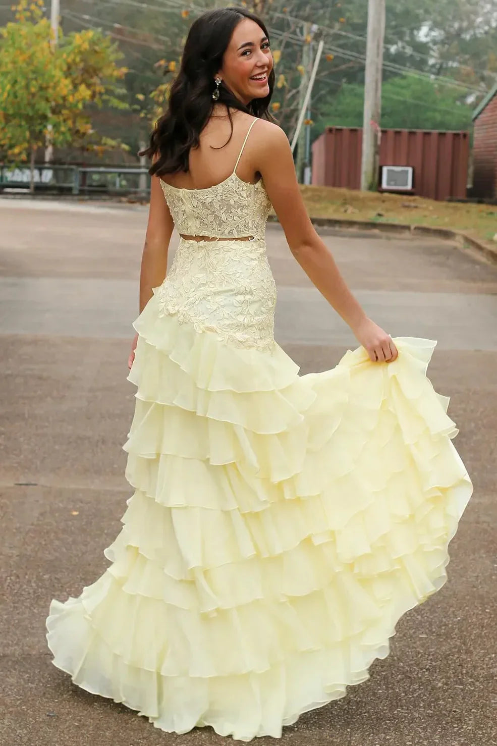 Victorie | Spaghetti Straps Appliques A-Line Layered Chiffon Prom Dress with Slit