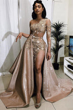 Vintage A-line One Shoulder Lace Appliqued Long Prom Dresses With Over Skirt