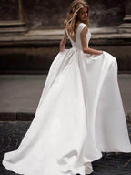 Vintage A-line Princess Ivory Satin Long Wedding Dresses with Pockets