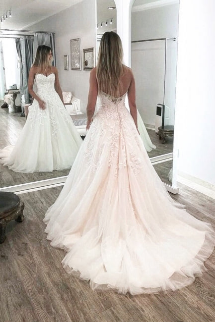 Vintage Backless Sweetheart Sleeveless Chapel A-Line Wedding Dresses