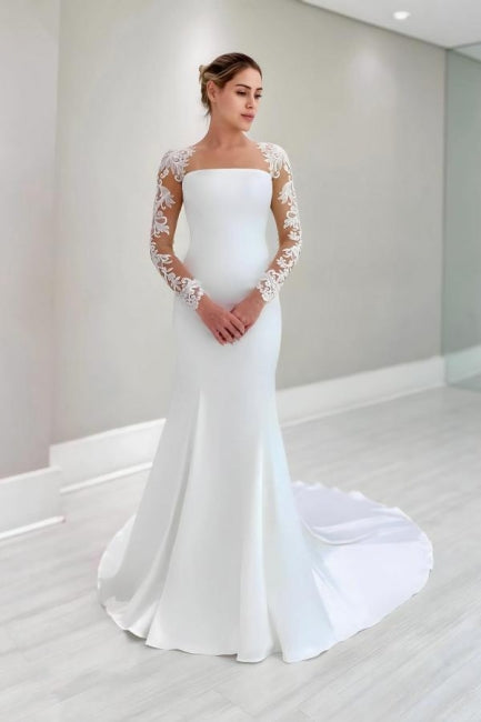 Vintage Column Satin Lace Long Sleeve White Wedding Dress With Appliques