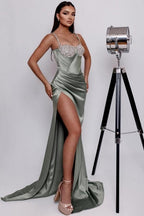 Charming Column Satin One Shoulder Sleeveless Green Prom Dress With Split Front