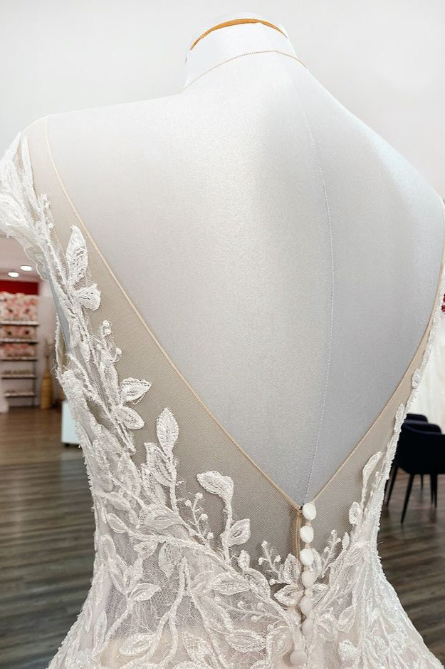 Vintage Long A-line Jewel Tulle Ruffles Wedding Dress with Lace Appliques