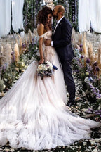 Vintage Long A-line Off-the-shoulder Lace Tulle Wedding Dress