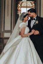 Vintage Long Ivory A-line Square Neck Satin Glitter Wedding Dress with Long Sleeves