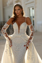Vintage Long Ivory Mermaid Spaghetti Straps V-neck Lace Wedding Dress with Detachable Train