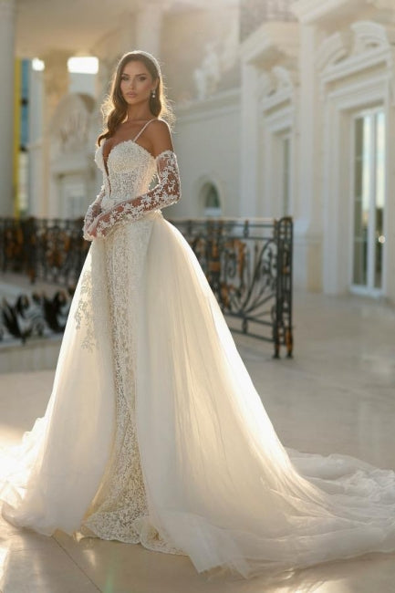 Vintage Long Ivory Mermaid Spaghetti Straps V-neck Lace Wedding Dress with Detachable Train
