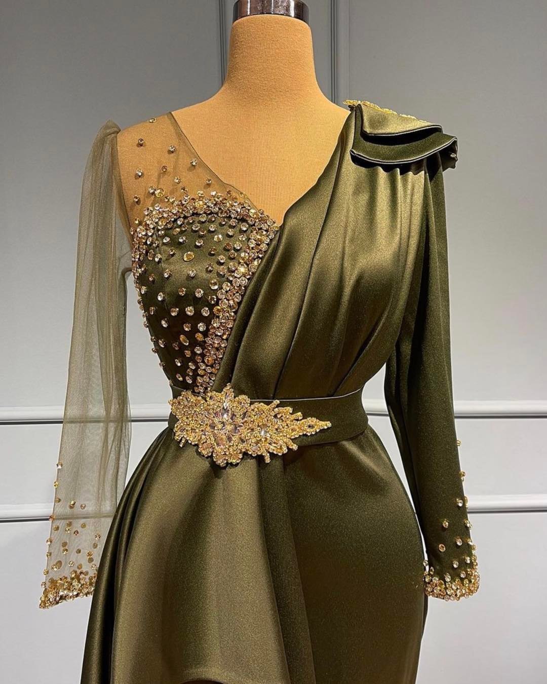 Vintage Long Mermaid V-neck Beading Satin Prom Dress with Sleeves