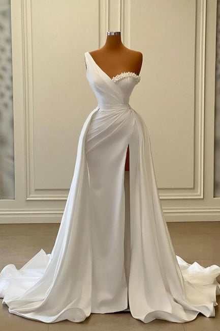 Vintage Long White One Shoulder Pearls Sleeveless Evening Dresses With Slit