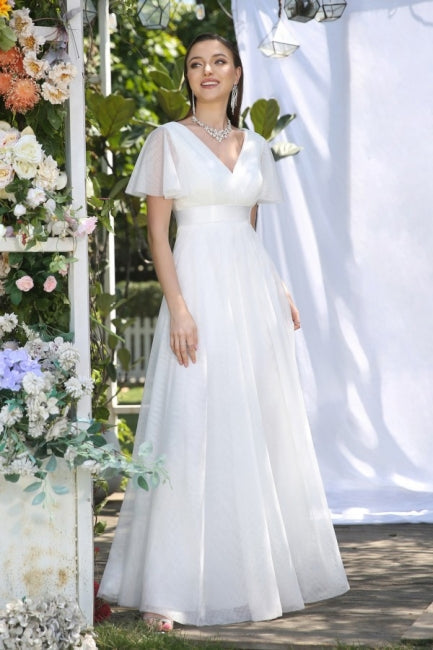 Vintage white V-Neck Short-Sleeves A-Line Floor-Length Tulle Prom Dresses