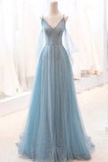 Sparkly Tulle Long Prom Dress, A-Line Spaghetti Strap Evening Dress