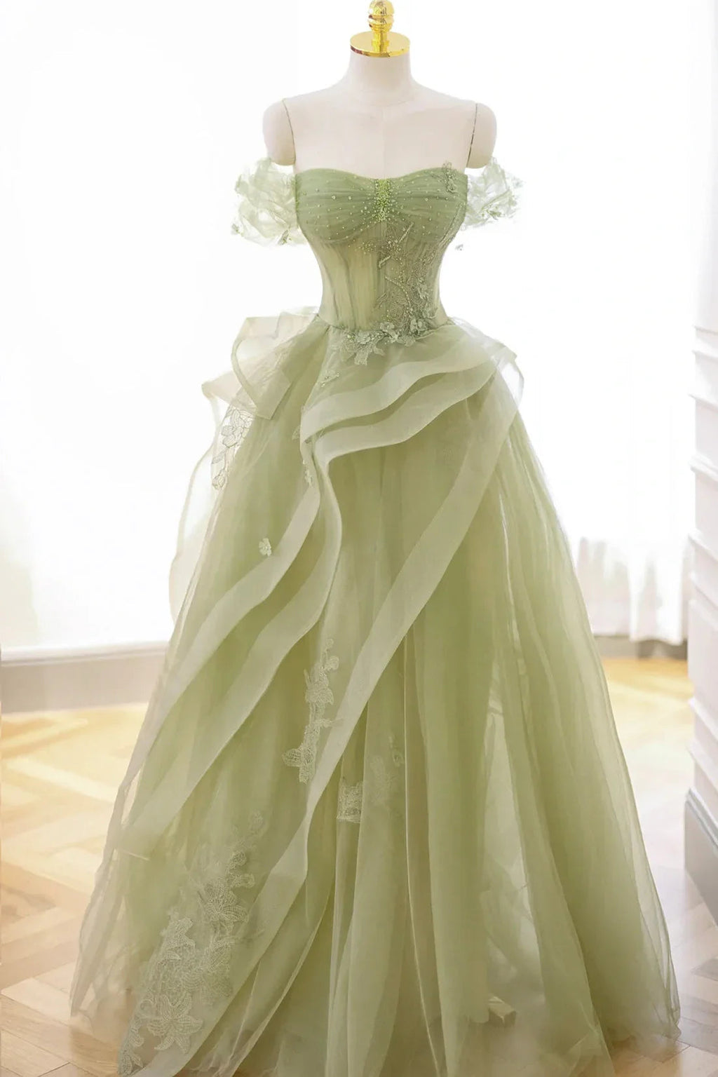 Nellie | Green Tulle Lace Long Prom Dress with Corset, Green Formal Party Dress