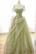 Nellie | Green Tulle Lace Long Prom Dress with Corset, Green Formal Party Dress