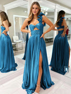 A-Line Fuchsia One Shoulder Keyhole Pleated Metallic Prom Dress with Slit