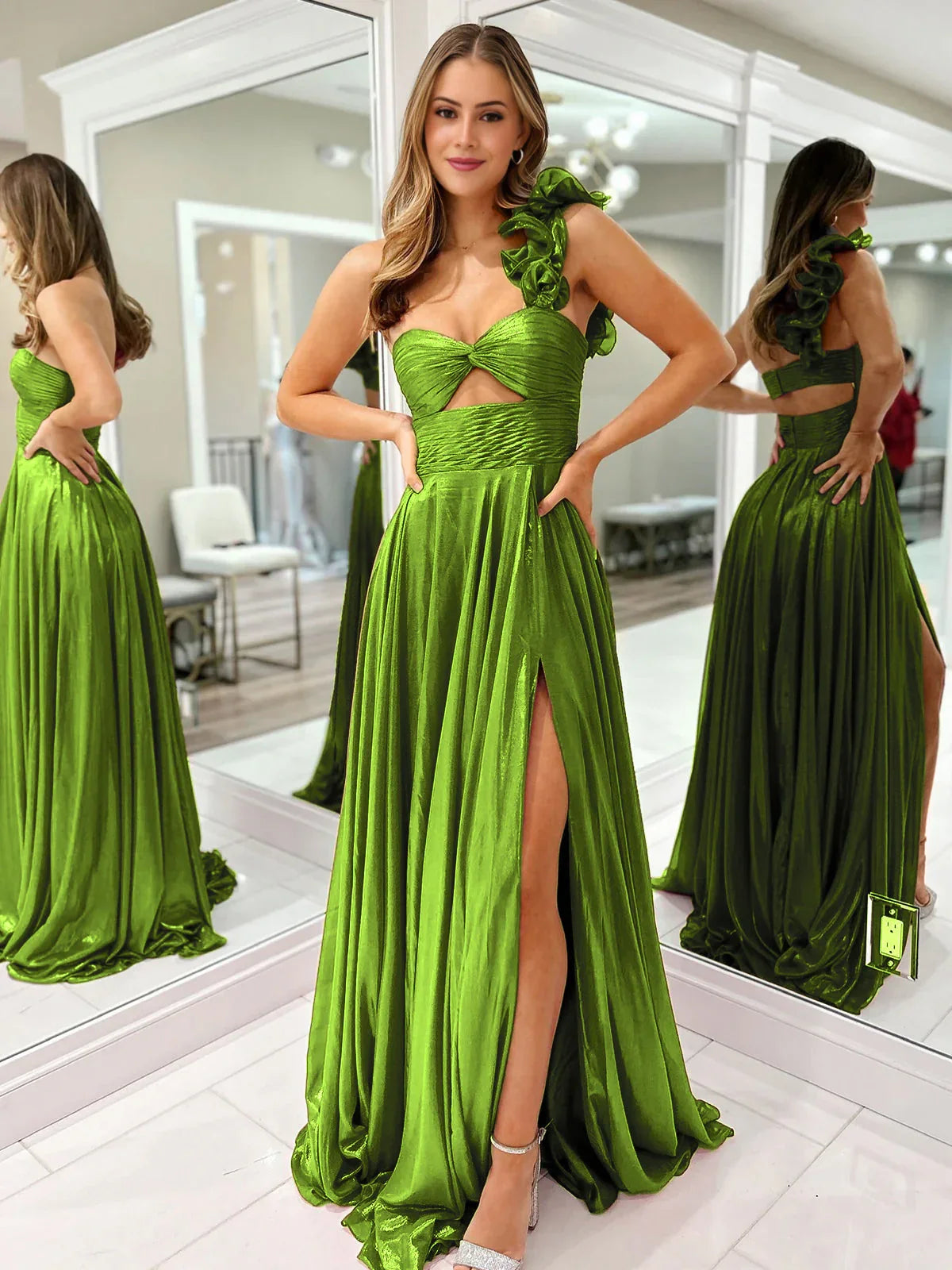 A-Line Fuchsia One Shoulder Keyhole Pleated Metallic Prom Dress with Slit