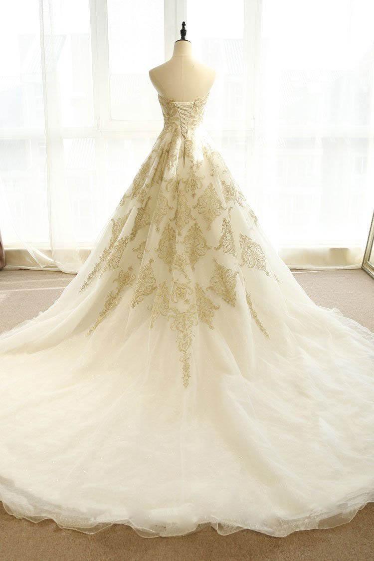 Wedding Dresses Ivory Gold Appliques Sweep/Brush Train Bridal Gown