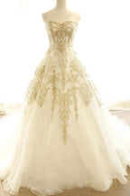 Wedding Dresses Ivory Gold Appliques Sweep/Brush Train Bridal Gown