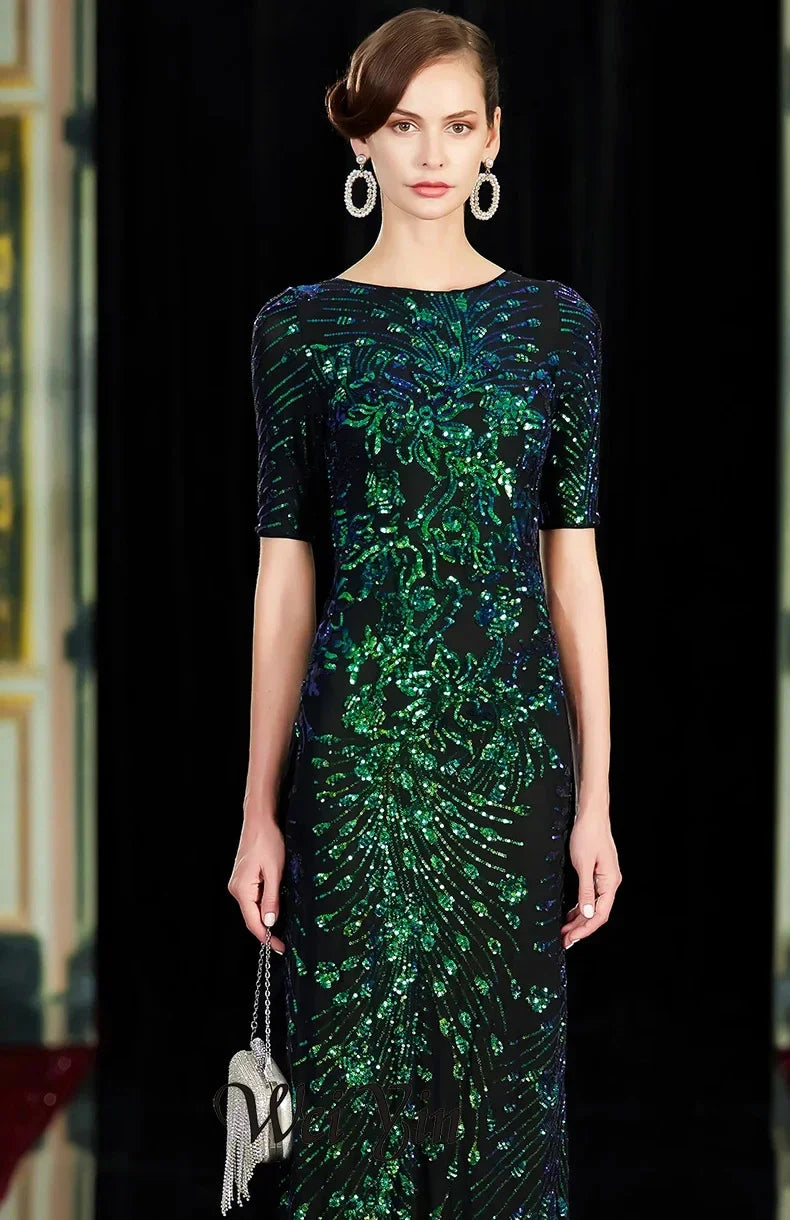 Sparkle Sexy Mermaid Evening Dresses Long Sequined O-Neck Green Evening Gowns For Party Vestidos Largos Fiesta