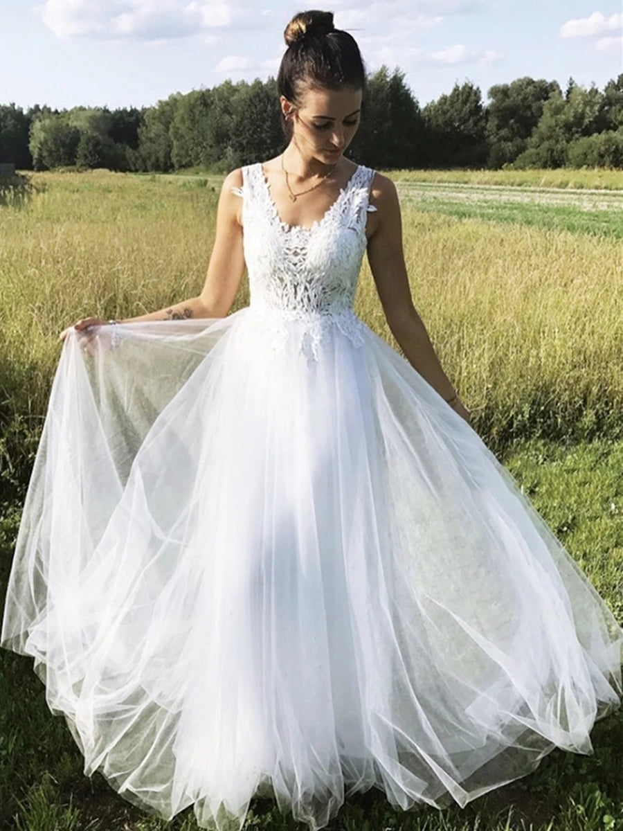 White A Line V Neck Tulle Long Lace Prom Formal Evening Dresses