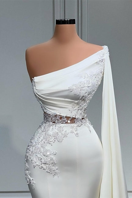 White Asymmetric One Shoulder Mermaid Stretch Satin Prom Dress
