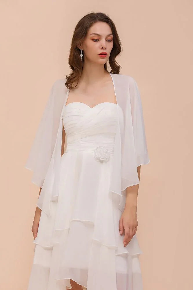 White Bridesmaid Dress Knee Length Two Layers of Wedding Guest Dress with Wraps